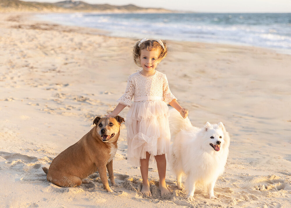 PETS_DOGSONABEACHWITHGIRLPUPPIESSUNSET