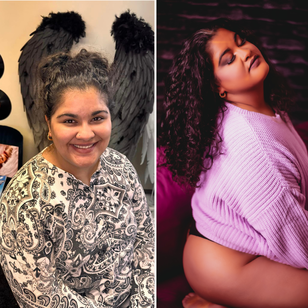 2 images of women from boudoir session. left side is no makeup and shirt. right side is pink sweater eyes closed.