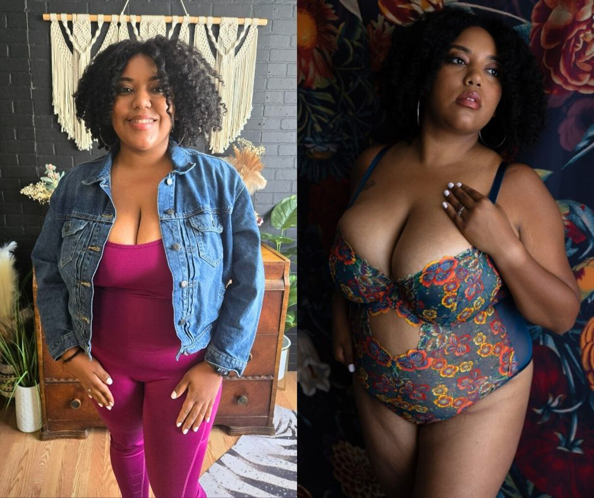 A woman stands in a studio smiling in a denim jacket and pink bodysuit next to her in floral lingerie