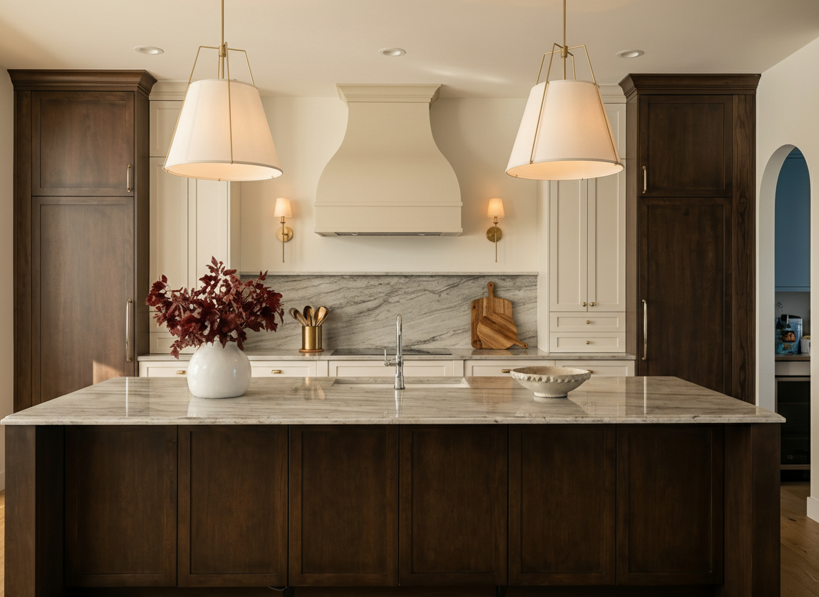 Detail of custom kitchen cabinetry and stone countertop by Bucklin Design Co.