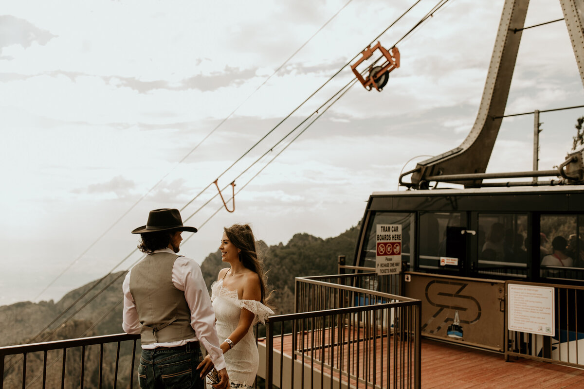 bride and groom at the sandia peak tram in Albuquerque