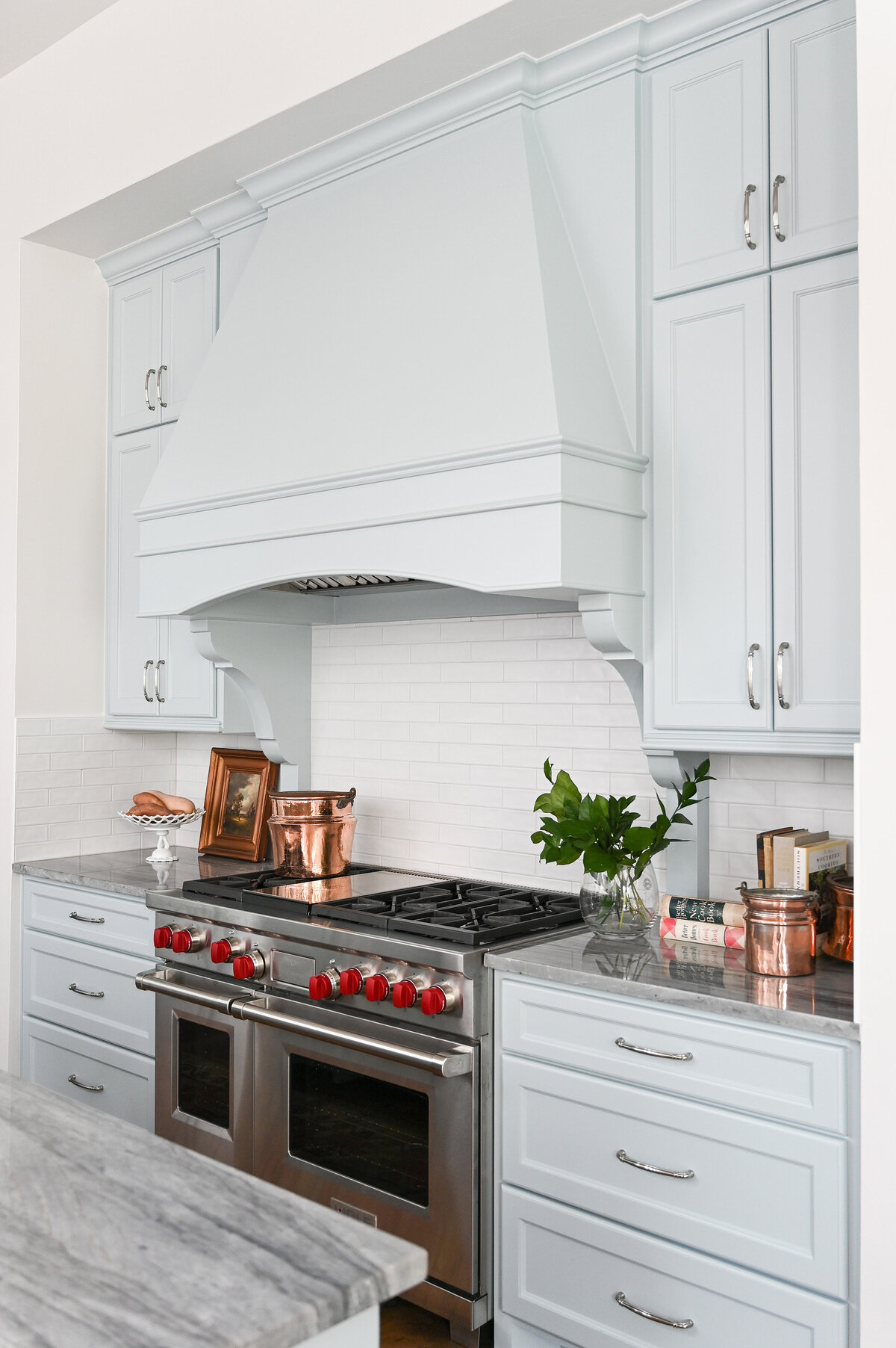 stove and hood in pastel blue kitchen