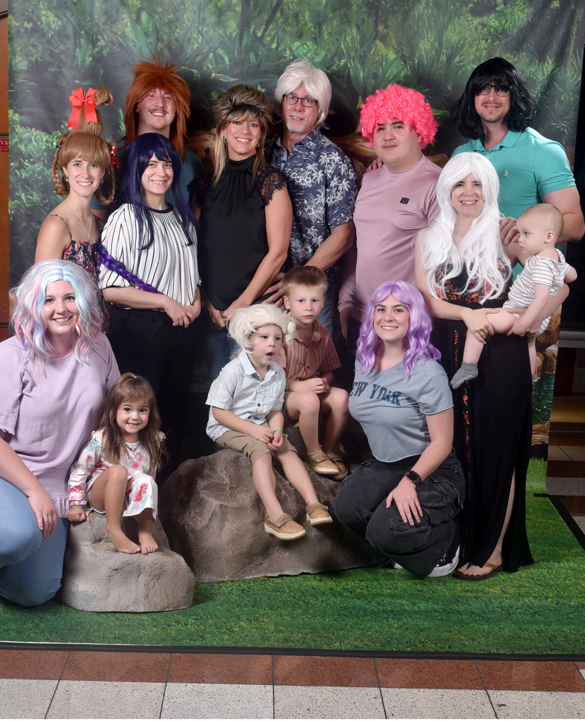 Family cruise phoito wearing wigs