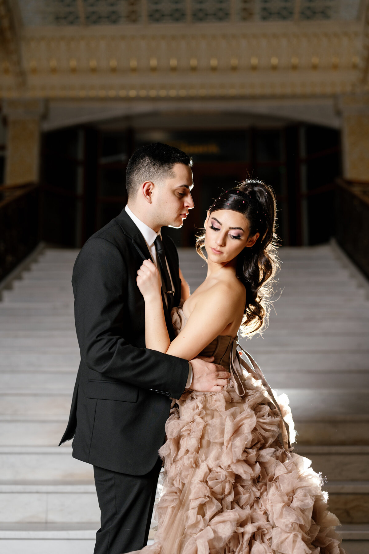 Aspen-Avenue-Chicago-Wedding-Photographer-Rookery-Engagement-Session-Histoircal-Stairs-Moody-Dramatic-Magazine-Unique-Gown-Stemming-From-Love-Emily-Rae-Bridal-Hair-FAV-43