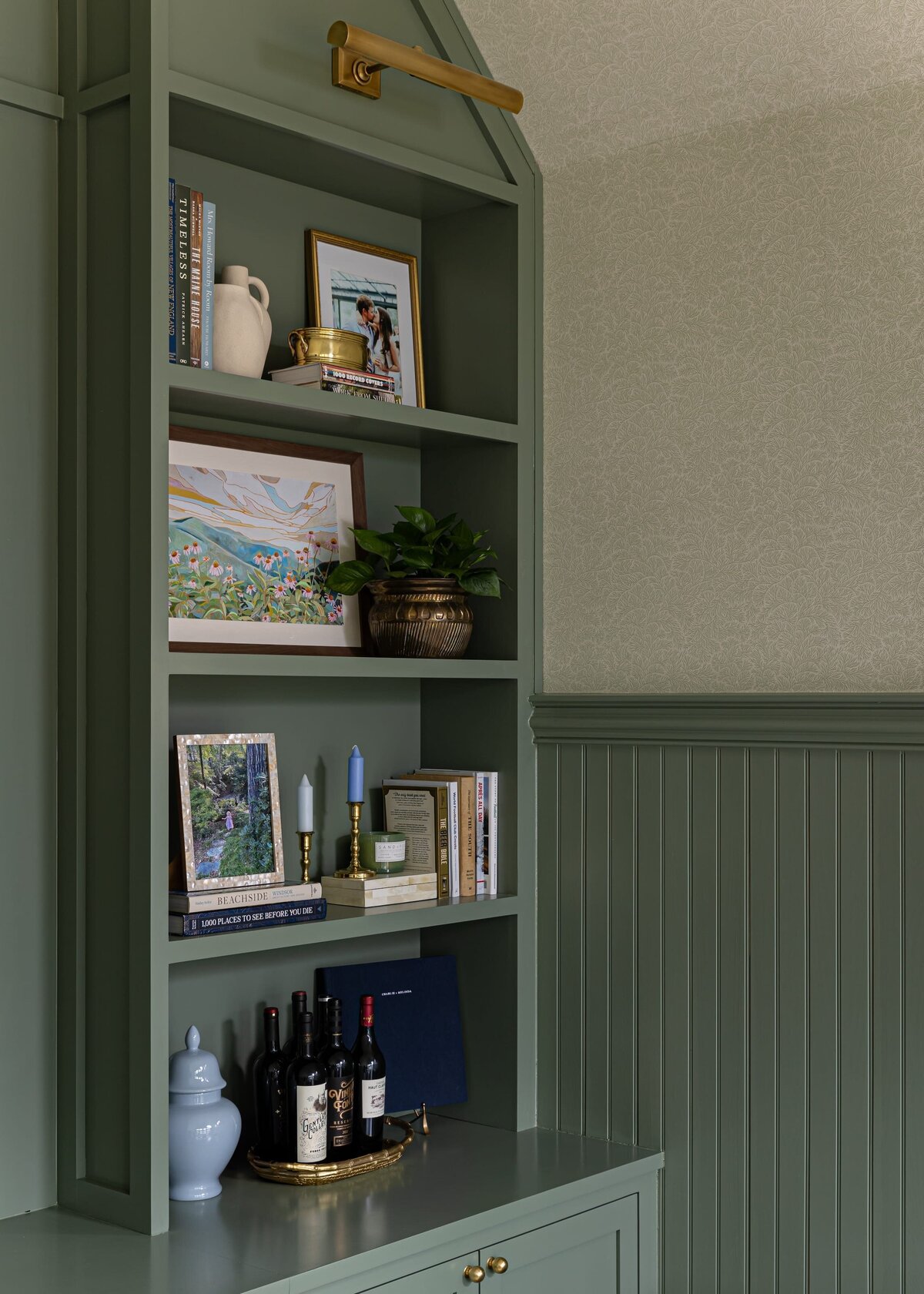 melinda chesson interiors carriage house green pained styled shelves