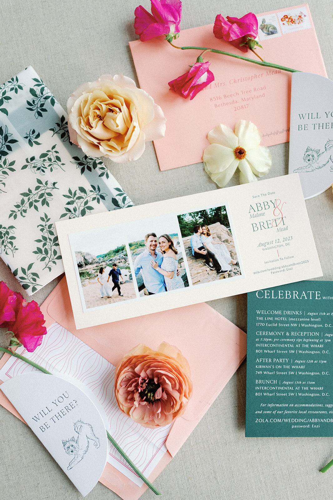 invitation design with florals and photos of the couple in washington dc