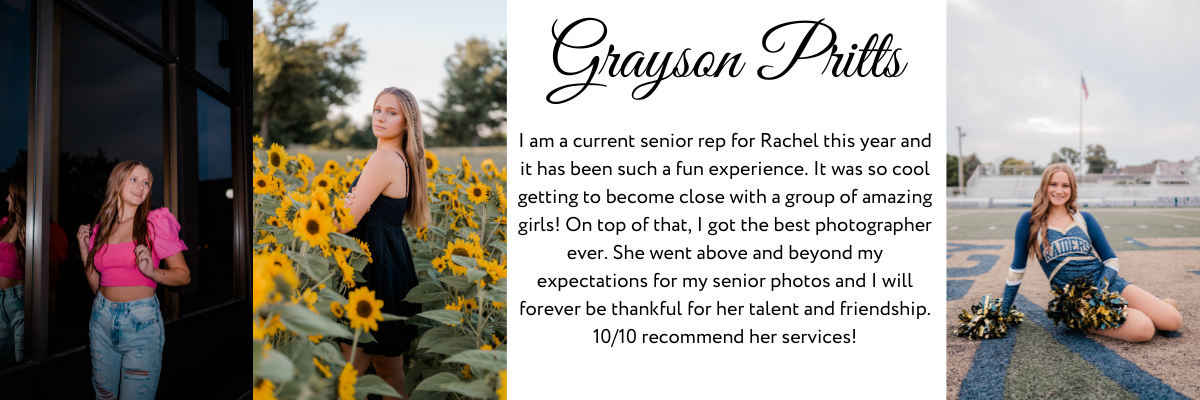 A Rachel B Photography Senior Rep Team Member poses in a building, a sunflower field, an on the football field in uniform.