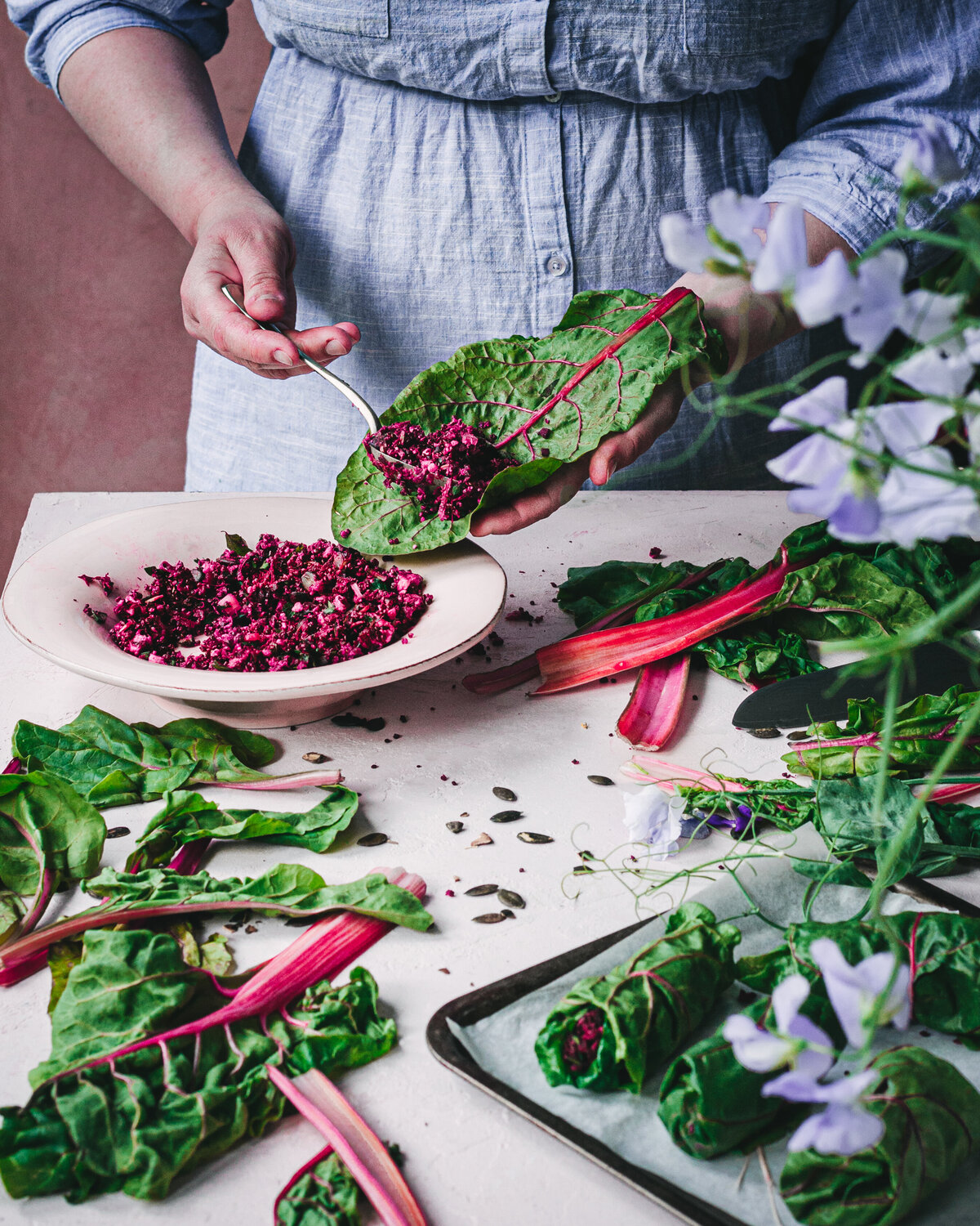 chard rolls filled with beetroot and quinoa food photography