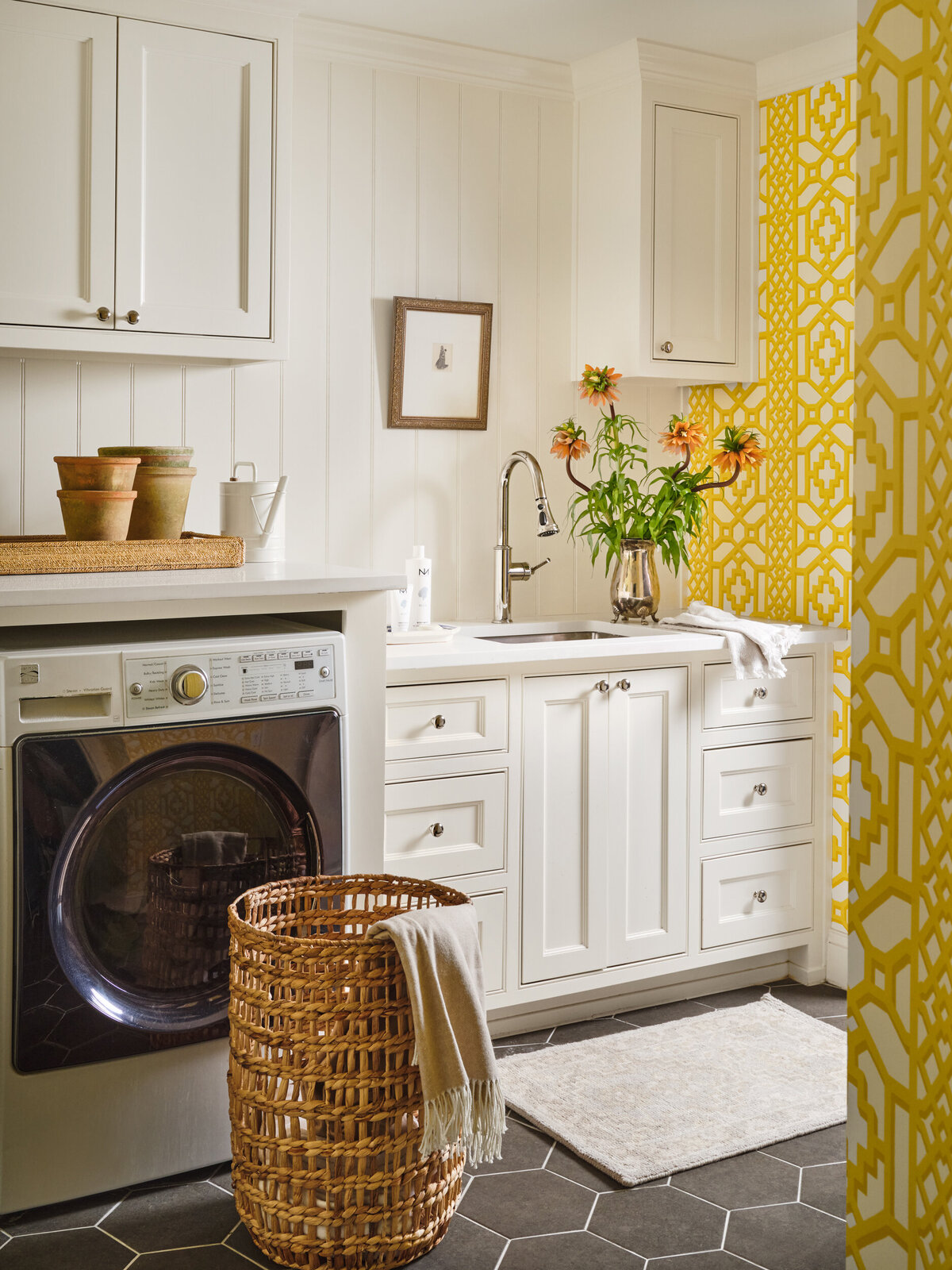 Cream and Yellow Wallpaper in Laundry Room