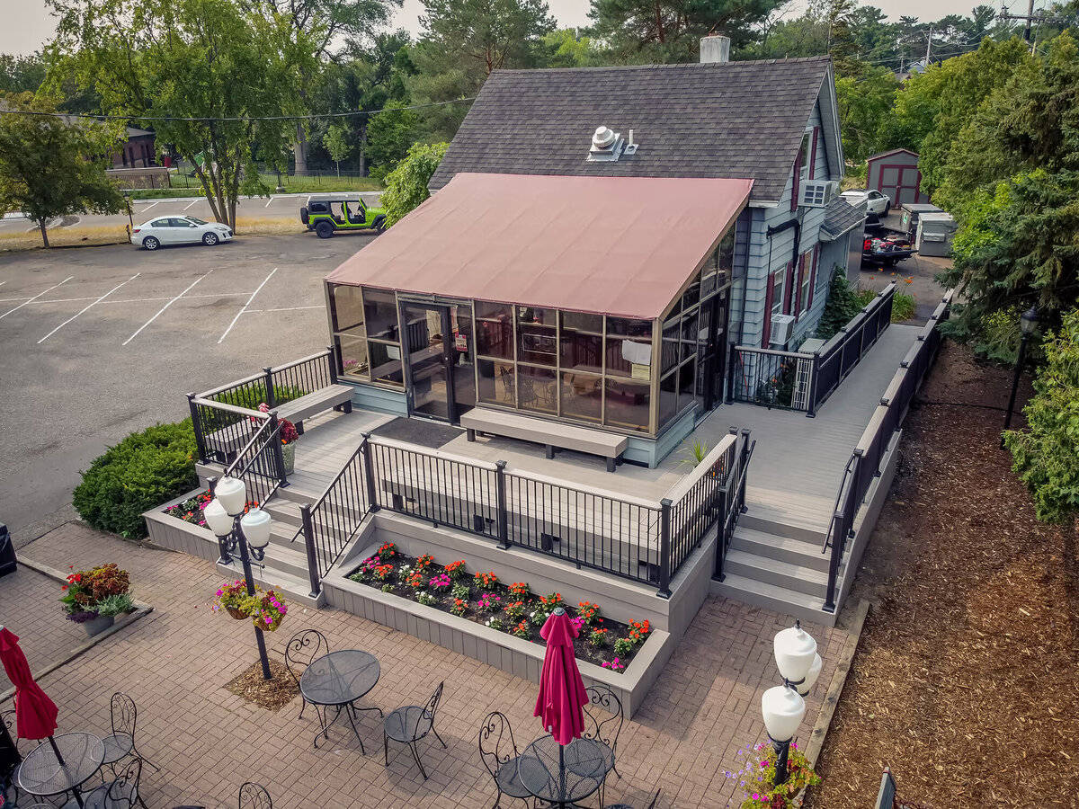 Aerial view of Adele's Frozen Custard with new low-maintenance PVC deck and additional custom features. 