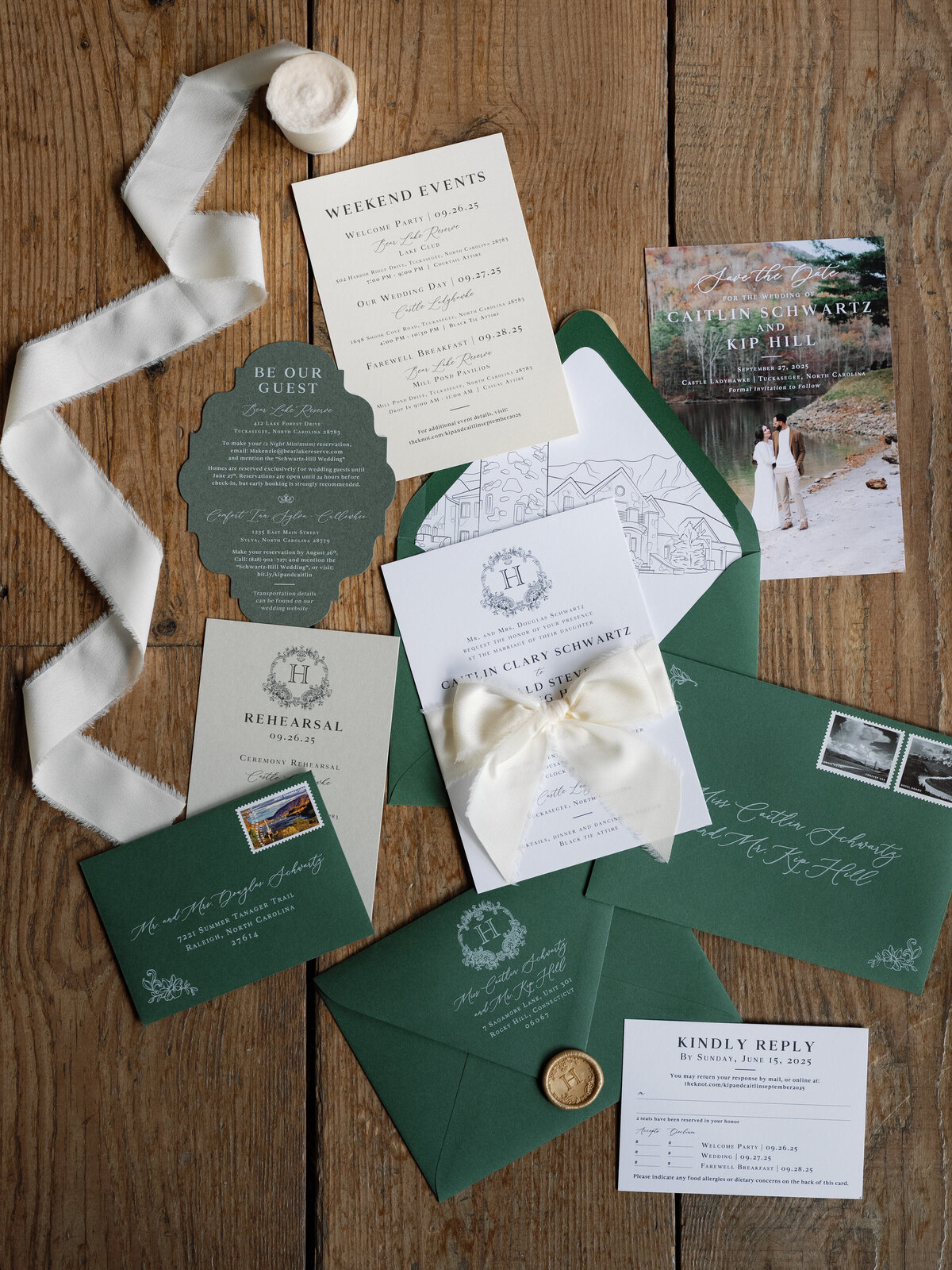 Elegant green and white wedding invitation suite flatlay for a fall wedding at Castle Ladyhawke in Tuckasegee, North Carolina.
