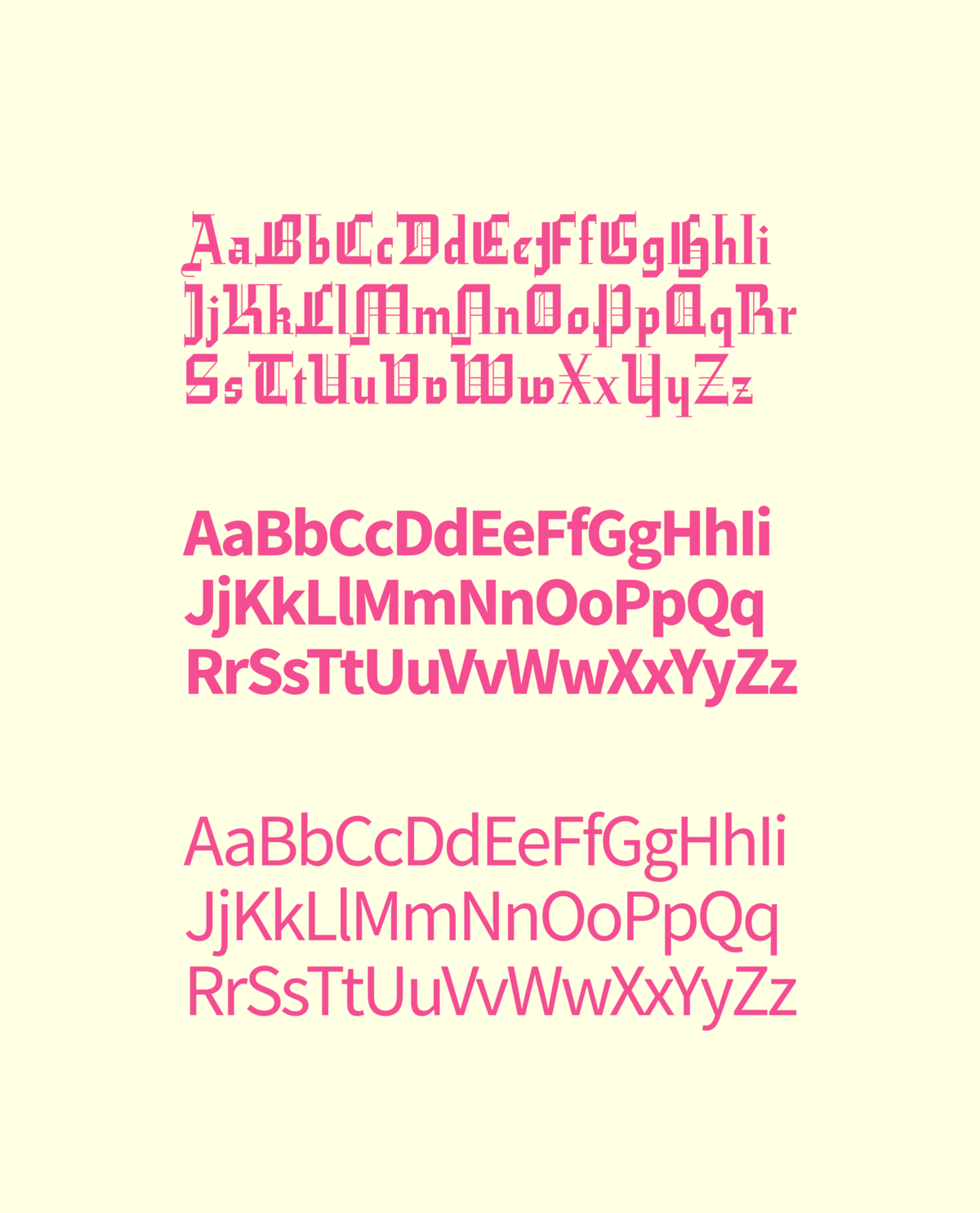 A cream background with three typeface sets in varying styles and weights, all in shades of pink. The top font is a decorative, Gothic-inspired type used for the Peck logo, followed by bold sans-serif and light sans-serif fonts, showing full upper- and lowercase alphabets.