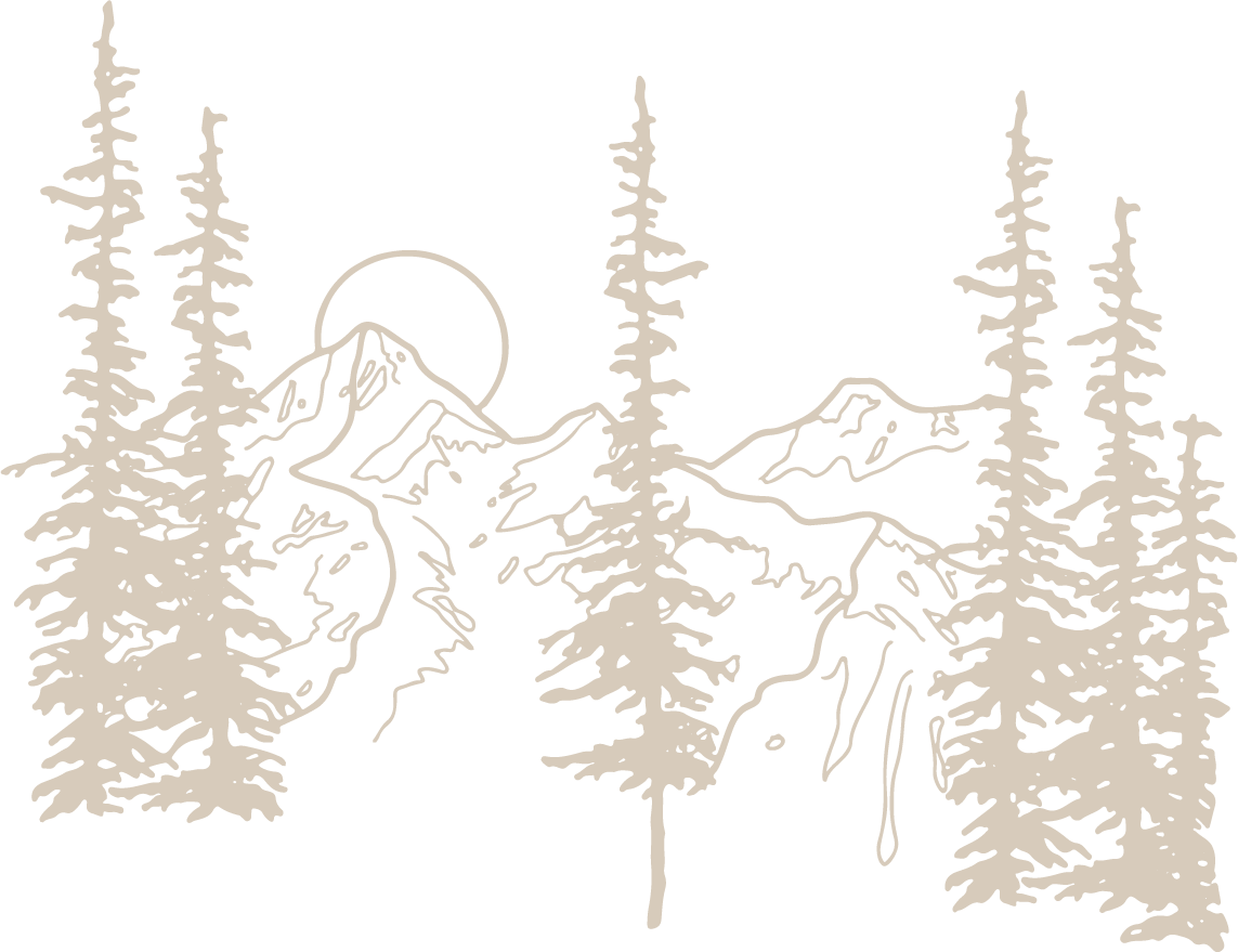 hand illustrated trees and mountain range