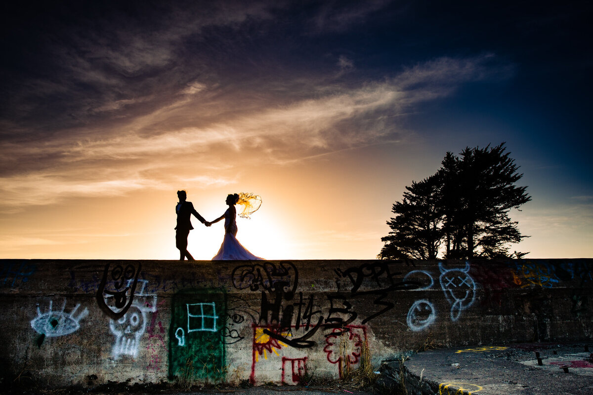 Northern California wedding photographer silhouette WW2 bunker sunset