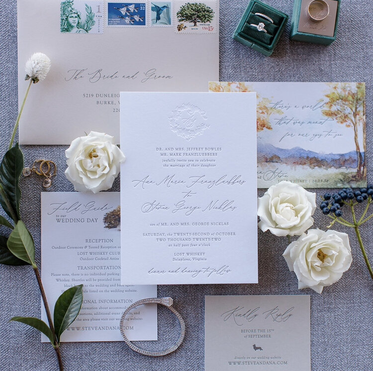 Elegant photo of wedding details that has invitation, wedding bands and floral details