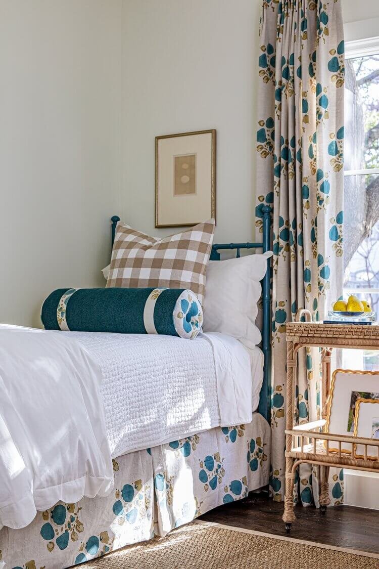 oyster creek studios highland park home twin bed with white and blue bedding in bedroom