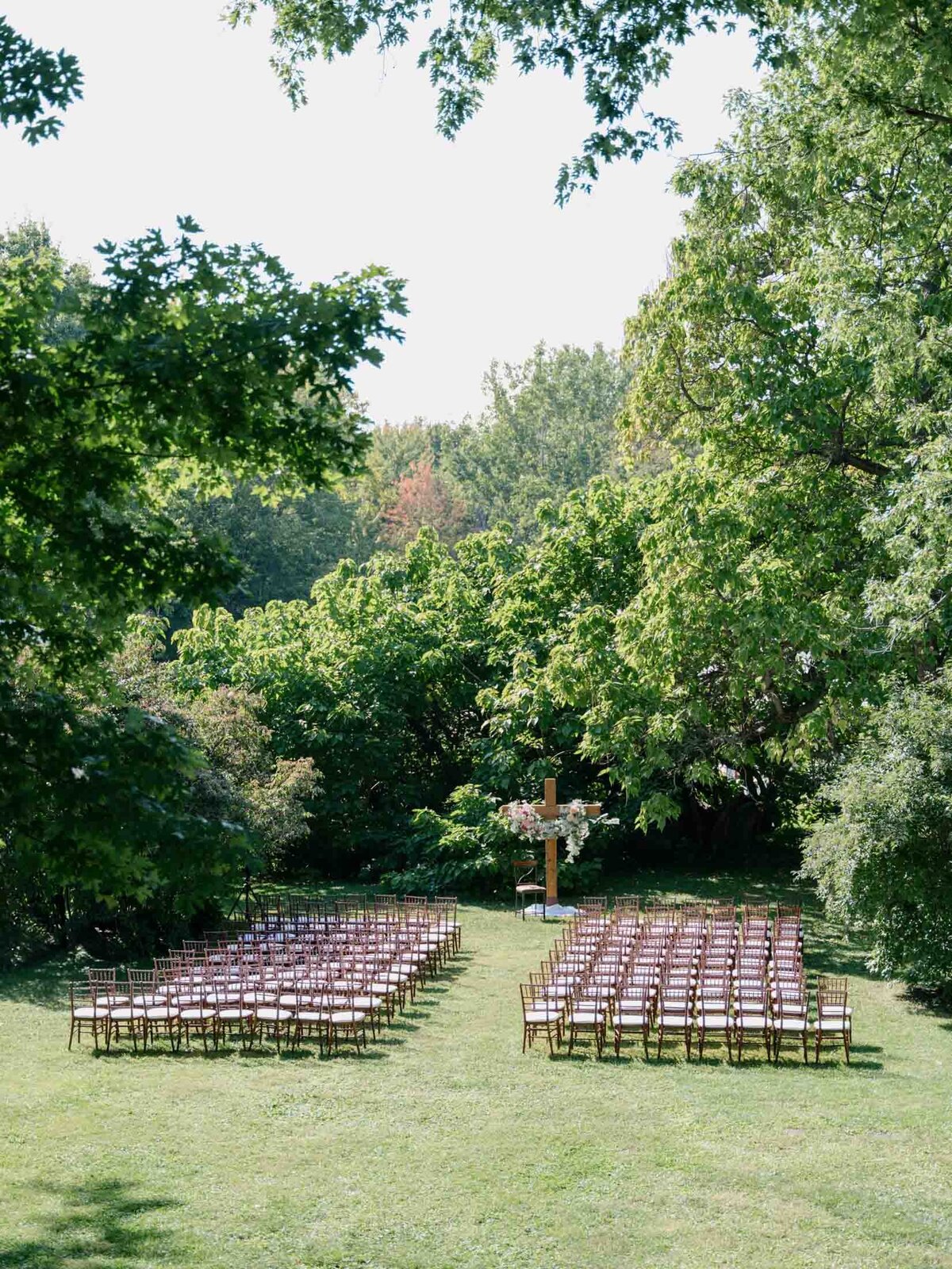 Overhead view of outdoor wedding ceremony.