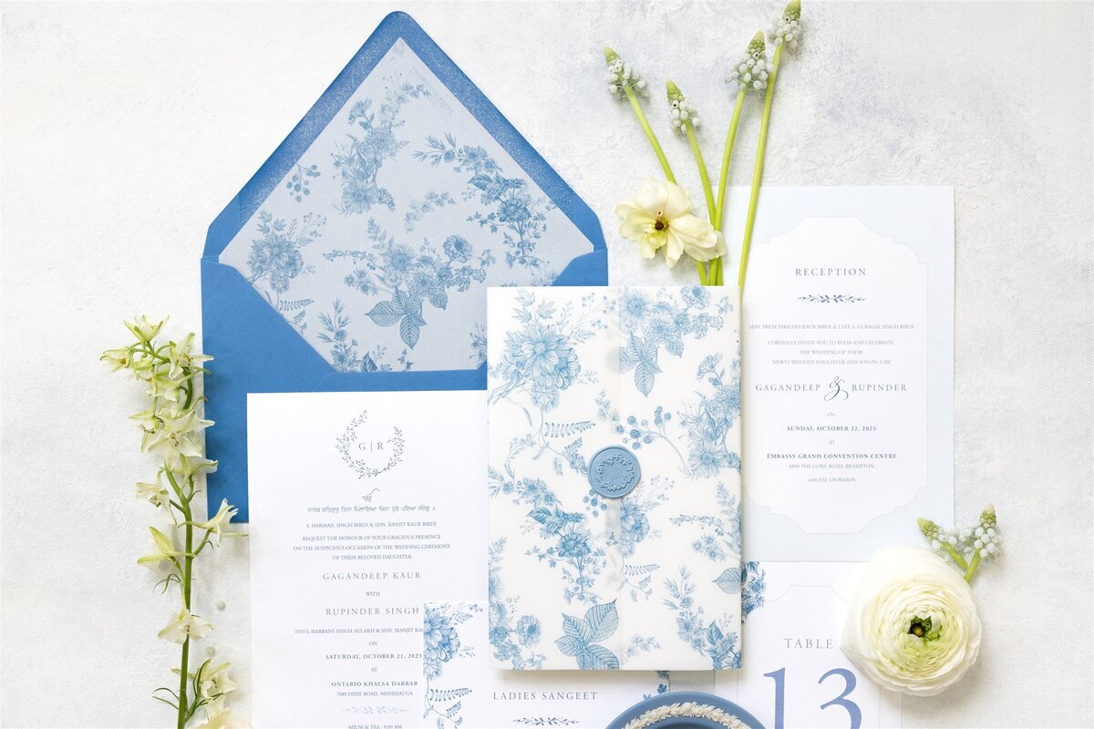 Blue florals Sikh wedding invitation 4