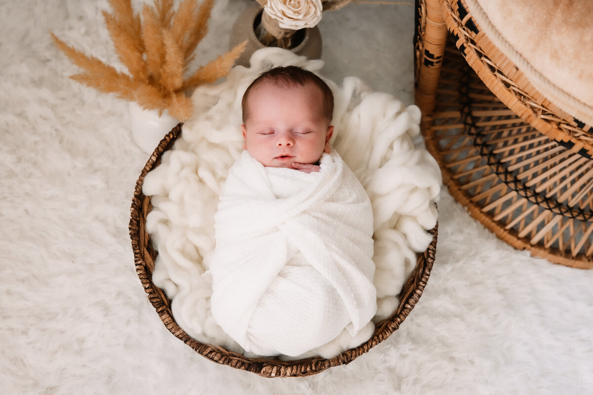 An image from a Milwaukee Newborn Photographer of a newborn baby in white swaddle sleeping in wicker basket