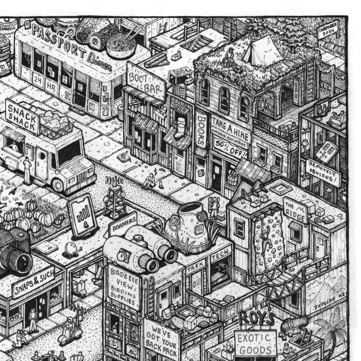 Isometric Pen and Ink illustration of a giant octopus that delivers the mail to a small house on stilts above the water.