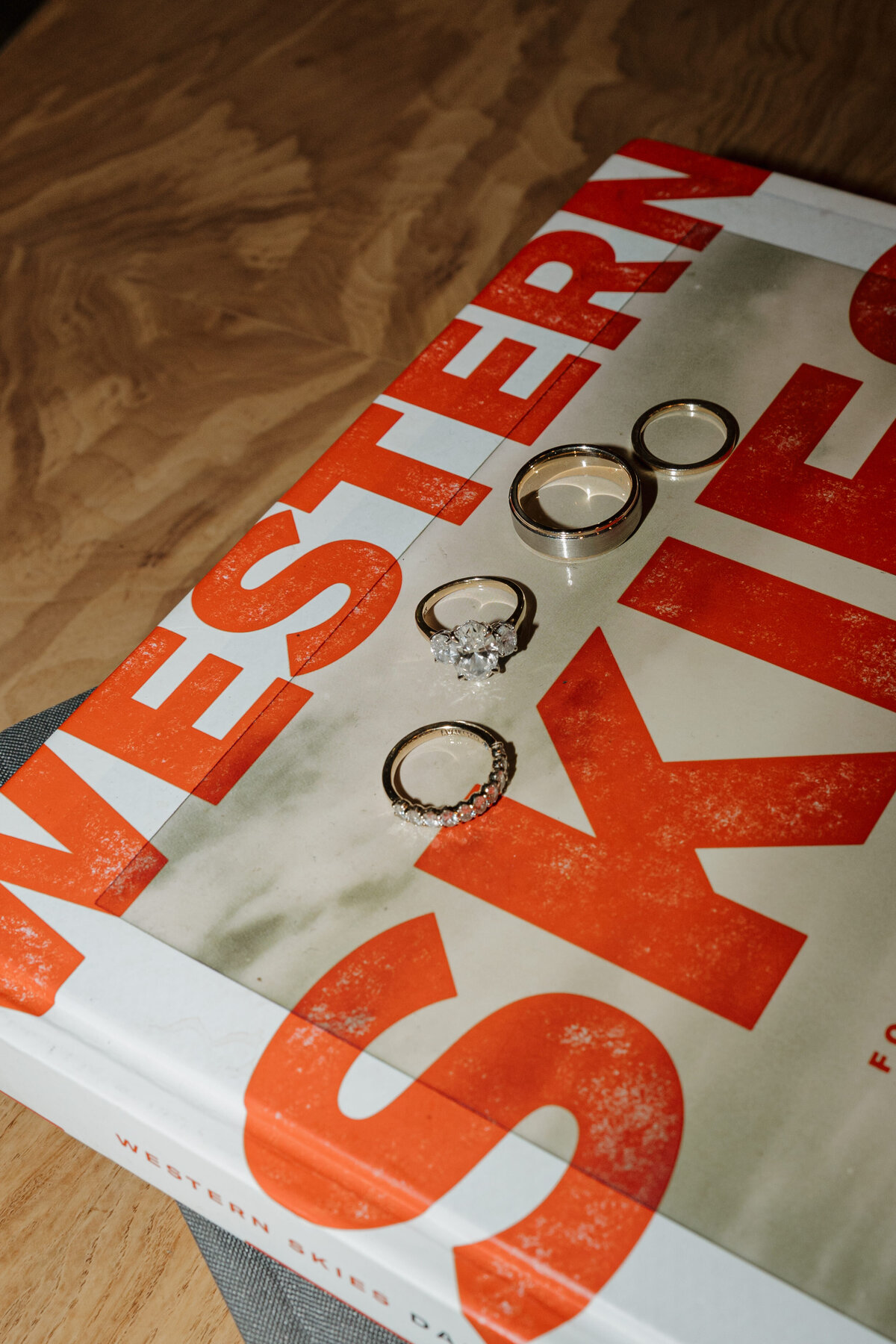 A detail photo of wedding rings on a book.