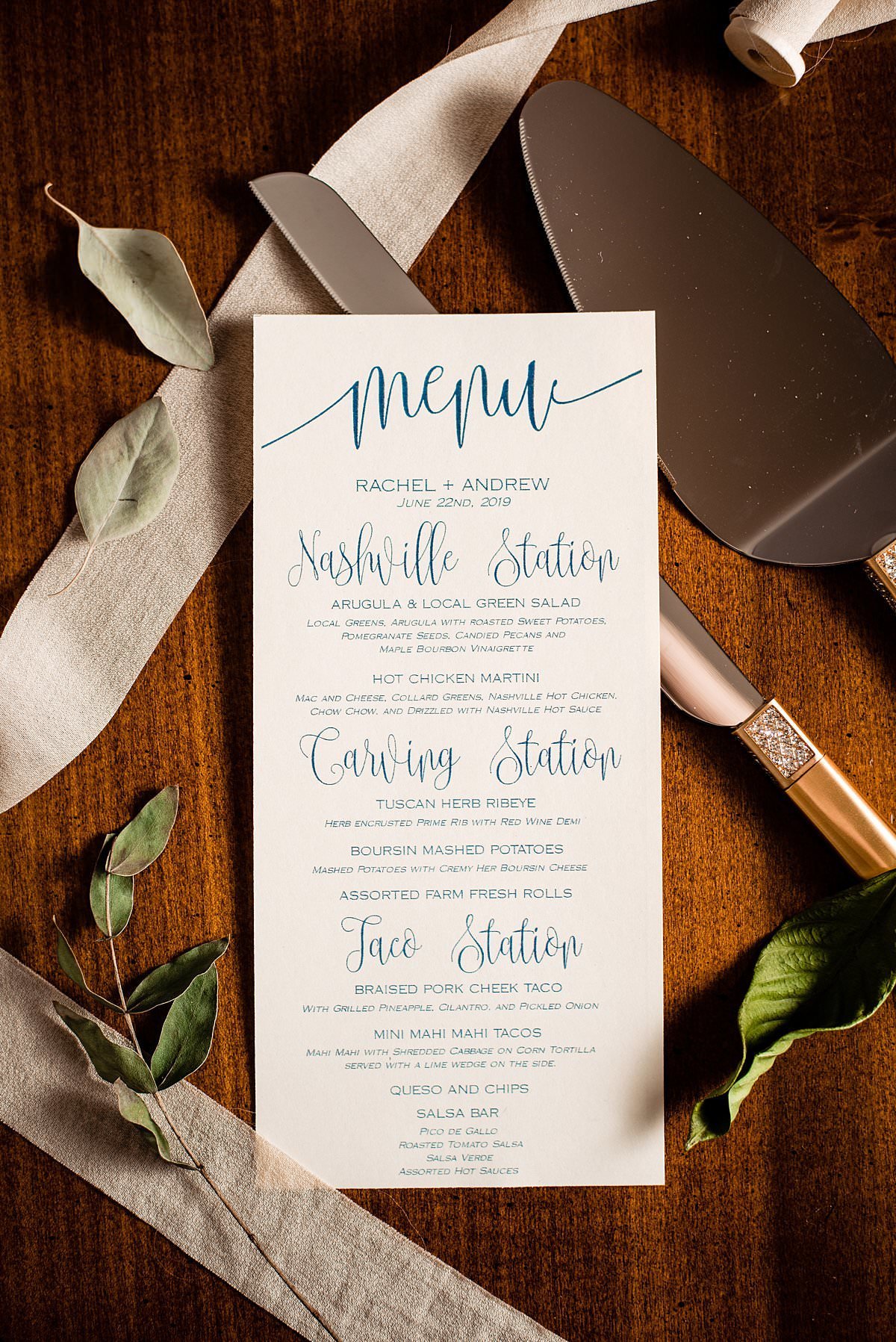 Reception Menu stationary with cake cutting tools