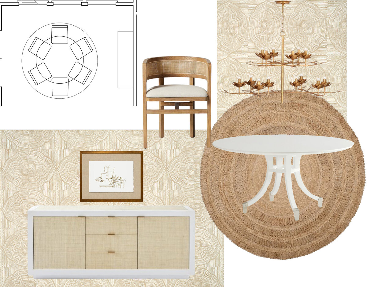 Interior Design Breakfast Nook Schematic Design Presentation  with floor plan, grasscloth wallpaper, brass floral chandelier, and jute rug