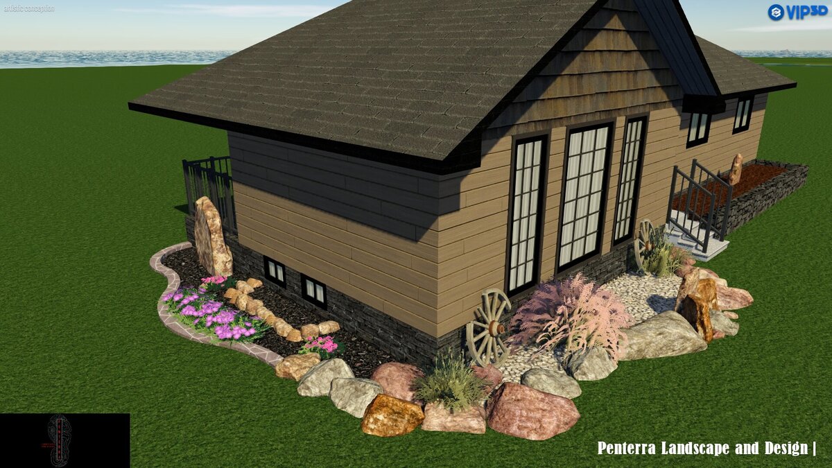 farm-style landscape design for farm house with big windows/