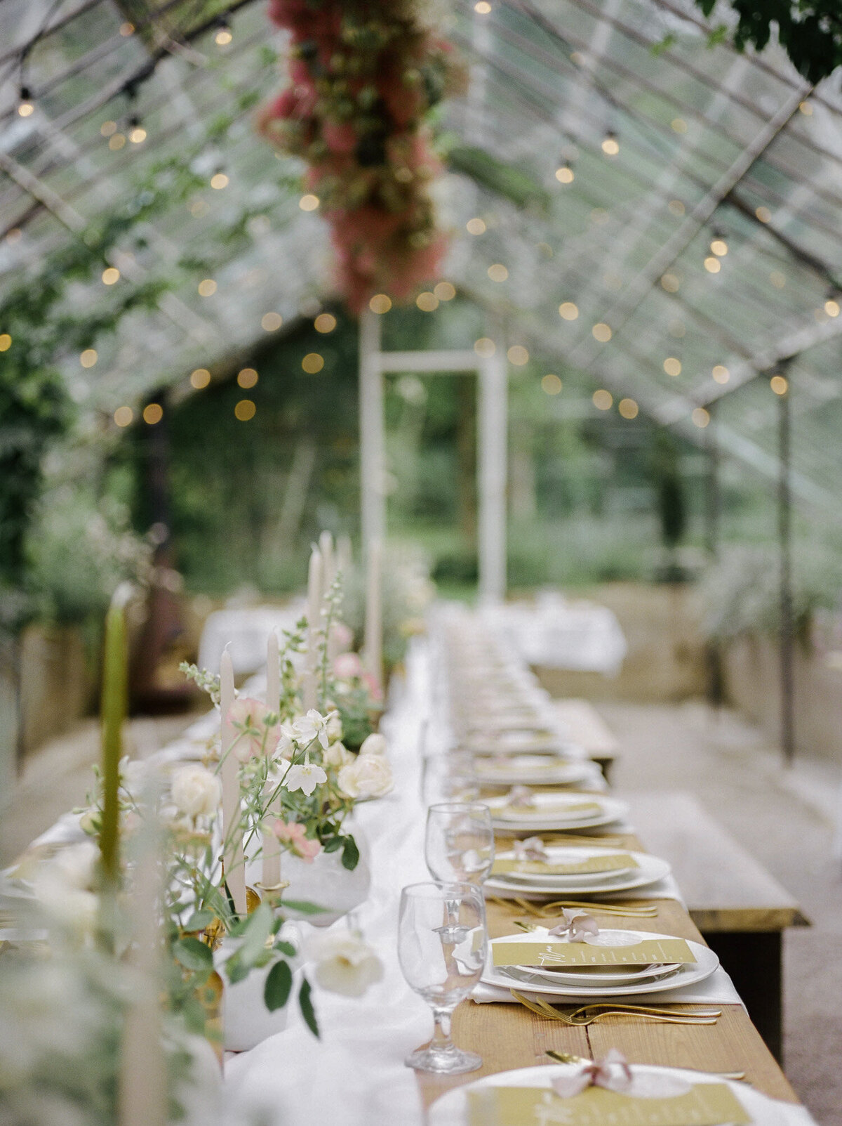 wedding dinner in greenhouse, Michigan Glass House wedding venue