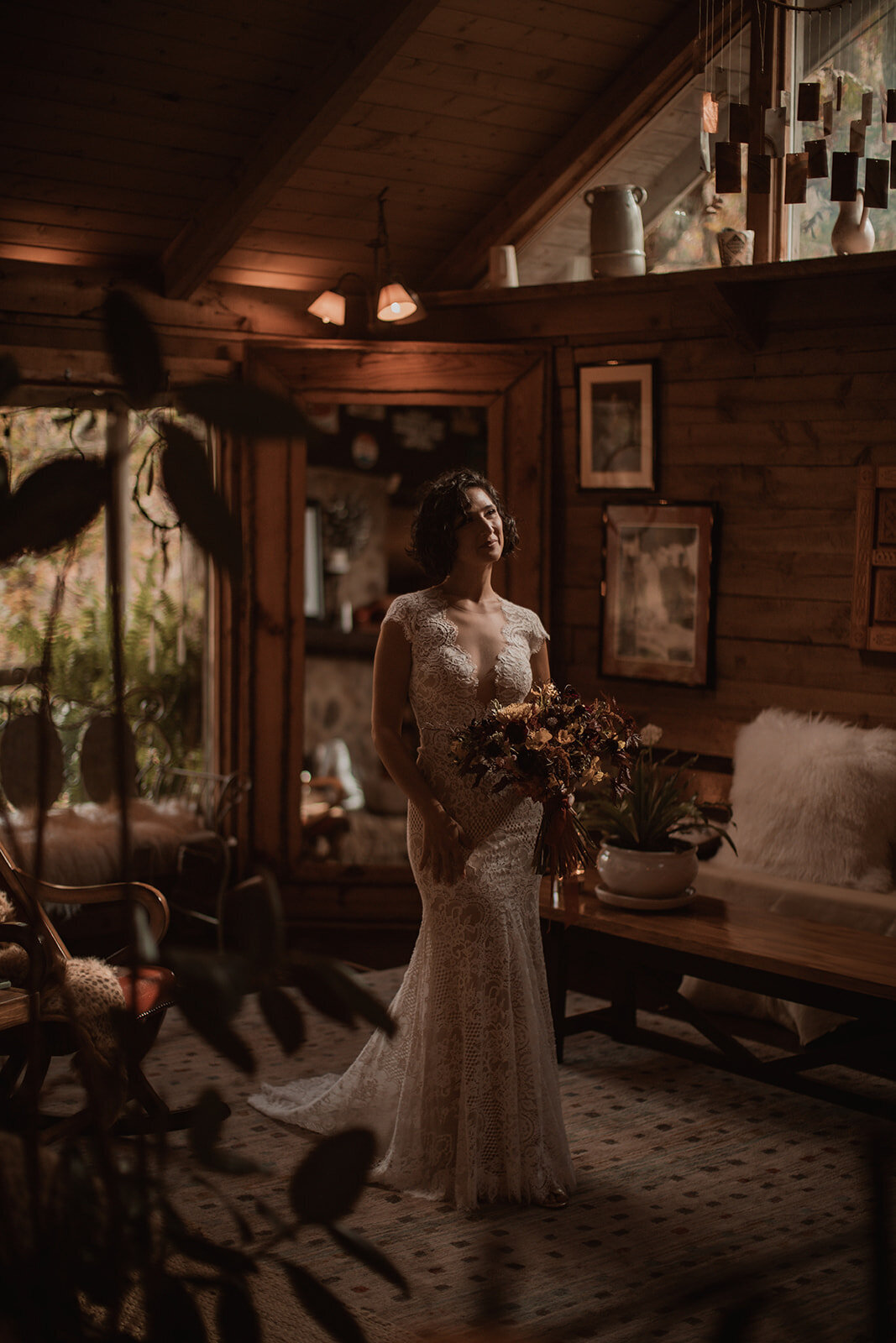 moody bridal portrait in cabin