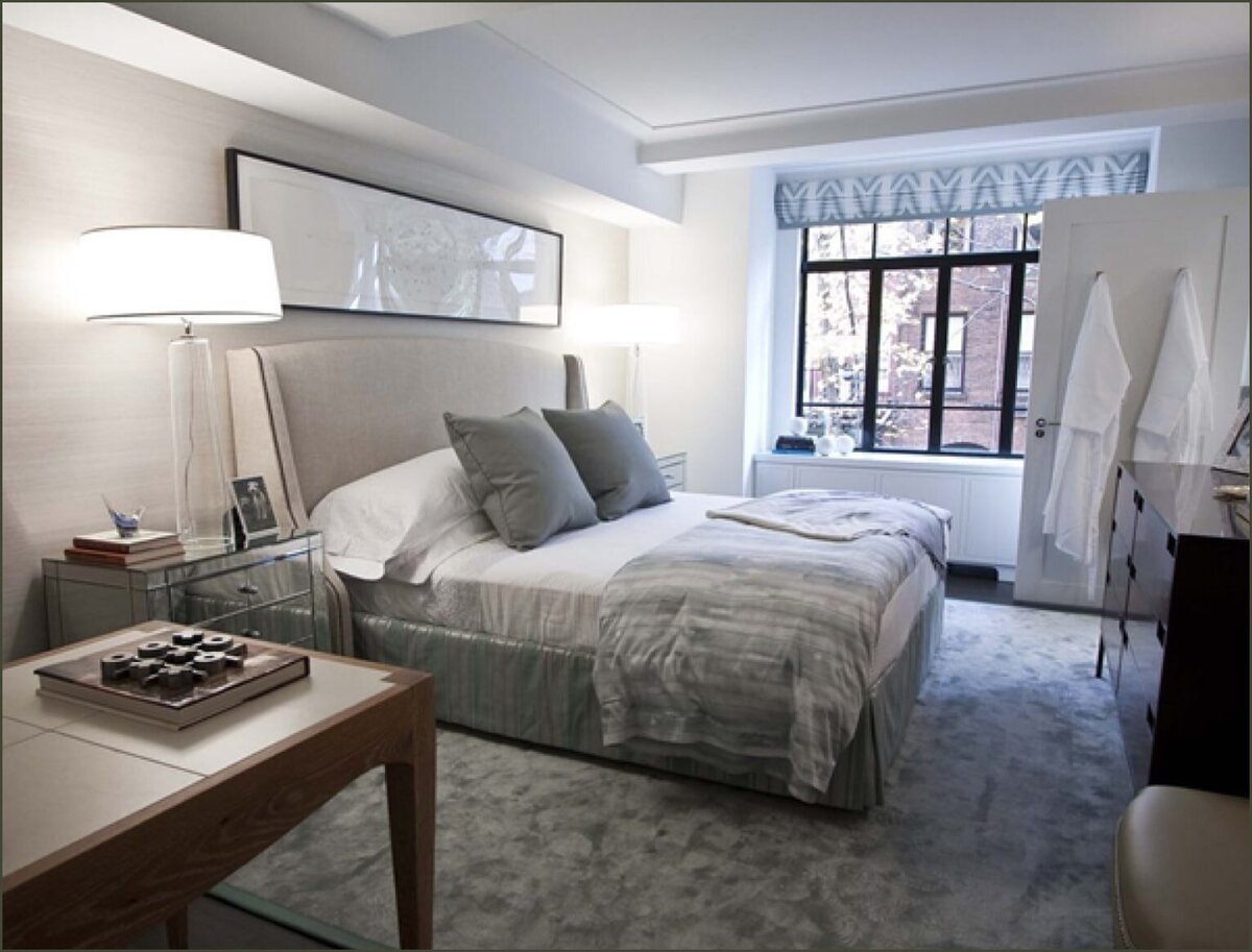 Model apartments blue and grey bedroom