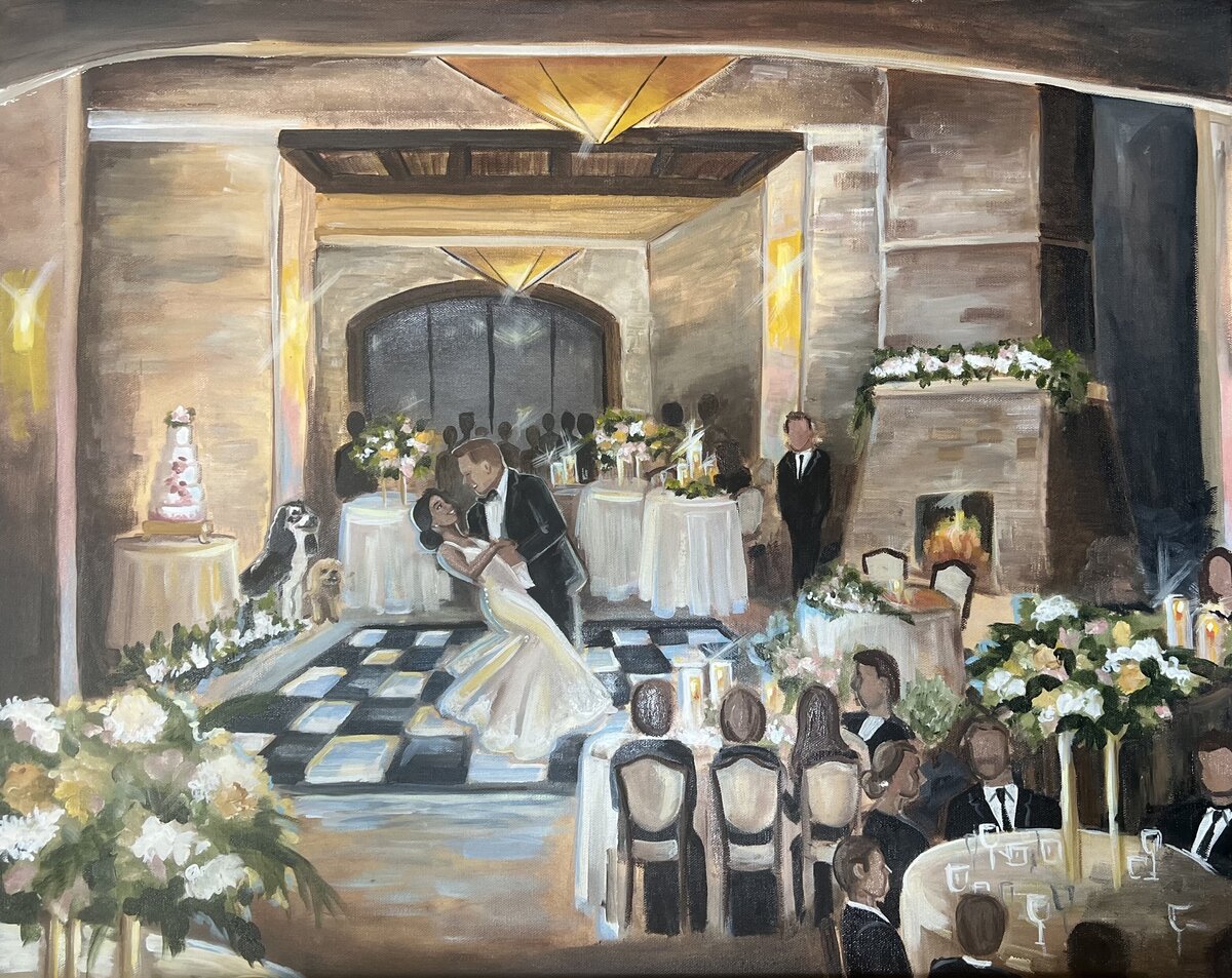 A couple share their first dance as husband and wife in an oil painting created by Olivia Andruss Artistry.