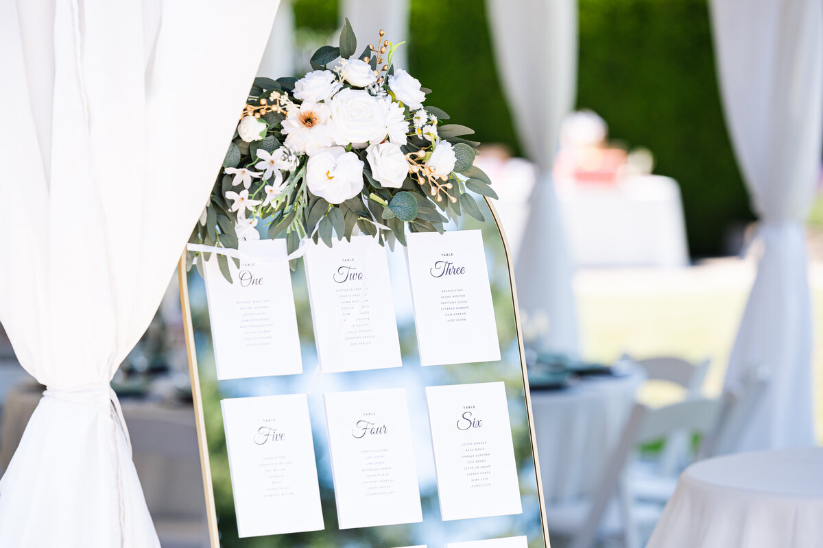 garden wedding seattle seating chart on mirror with flowers outdoors