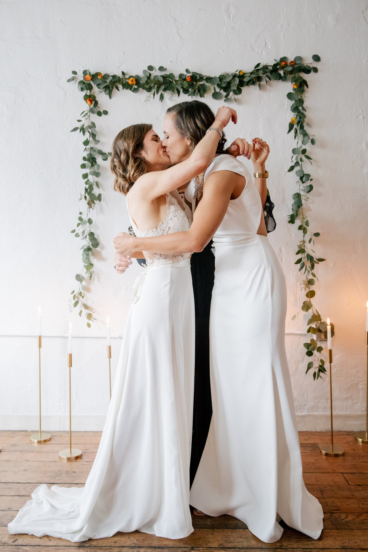 two brides kissing - Boston wedding ceremony