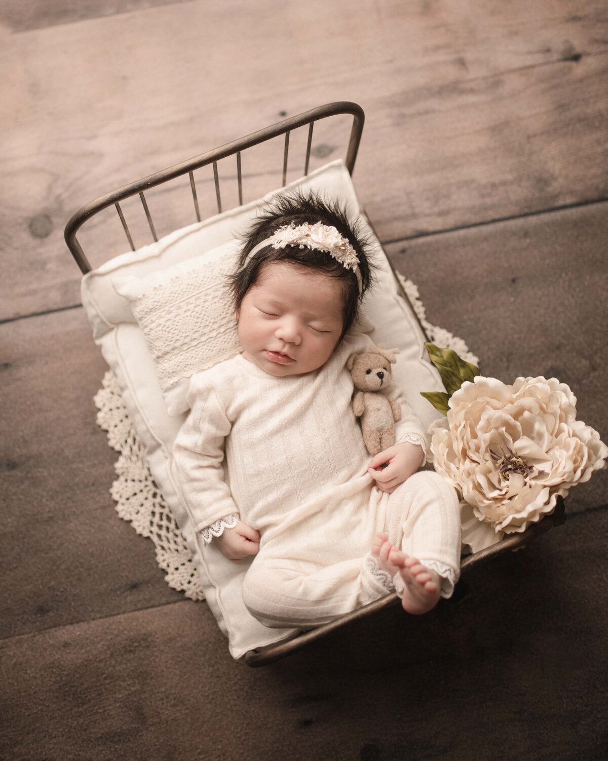 Aerial image of Lake Elsinore Newborn Baby Photoshoot. Baby girl is posed in a cream knit romper and posed on a miniature newborn metal posing prop bed. Baby is wearing a delicate floral headband and she has a tiny felt teddy bear tucked under her arm. Captured by best Lake Elsinore newborn photographer Bonny Lynn Photography