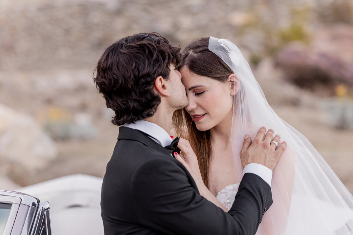 Groom smiling as he embraces his partner in front of desert rocks, captured in an emotional, editorial moment.