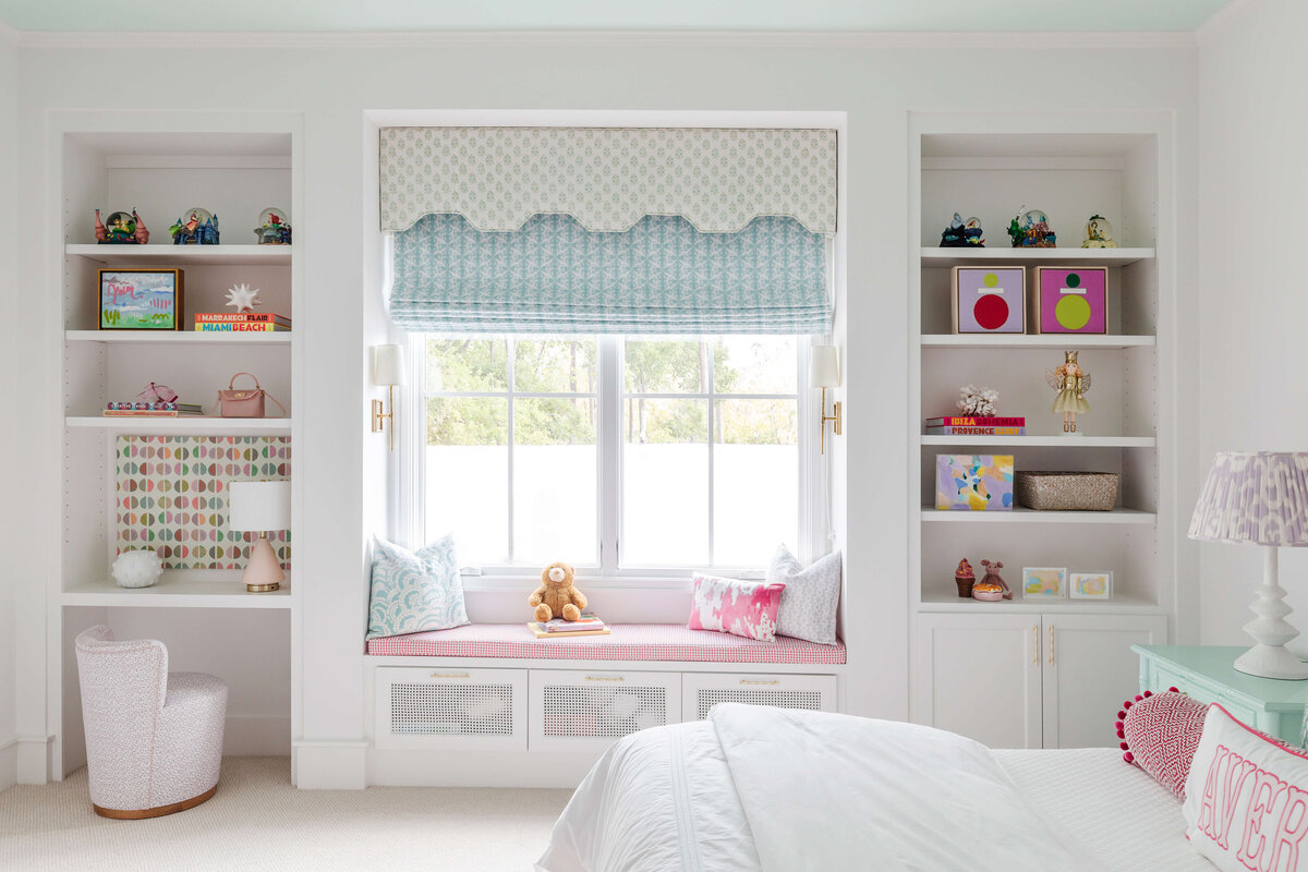 oyster creek studios memorial new build white window bench with pink cushion and white bed with pink accents