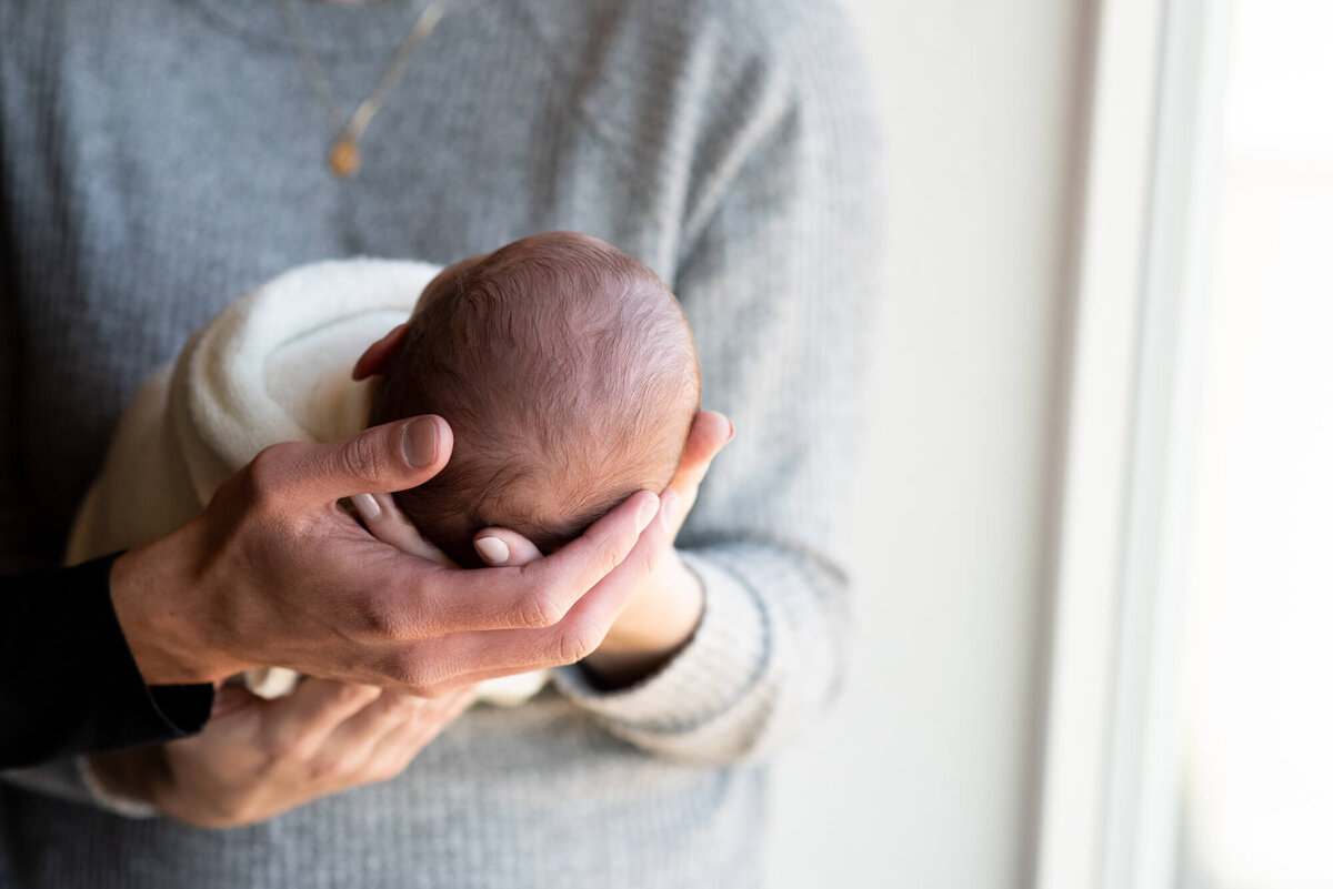 A newborn baby is held in mom and dad's hands while in a window