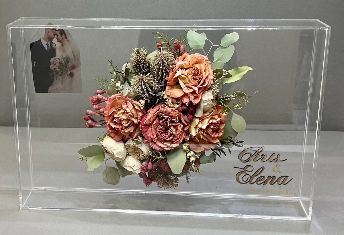 Preserved wedding bouquet inside perspex keepsake