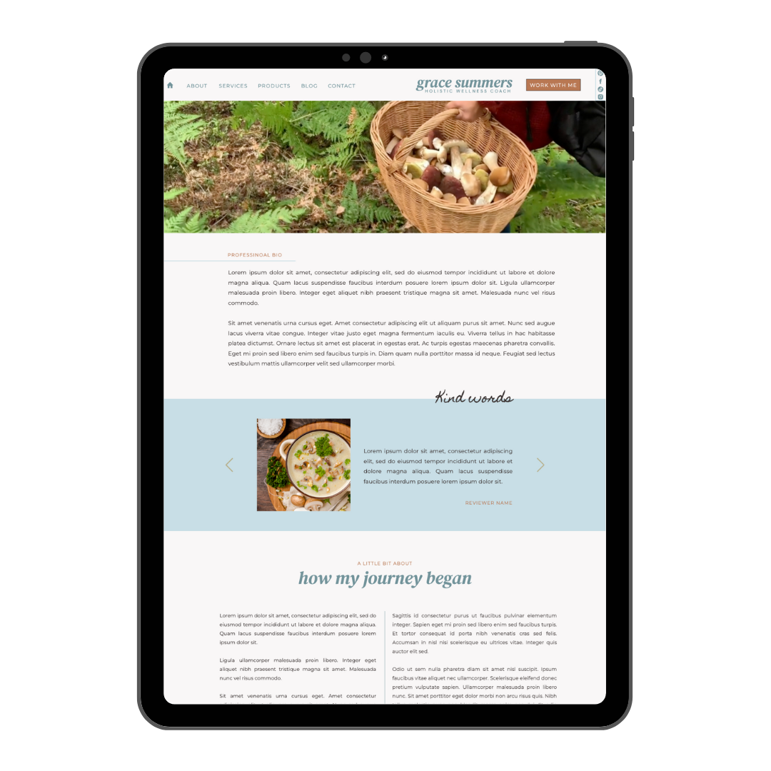 food blogger about page mushroom design showit templates a season of stories web design