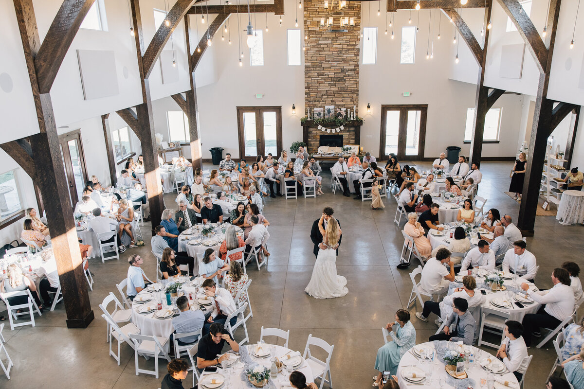 First dance among the guest tables in the grand hall, seen from above
