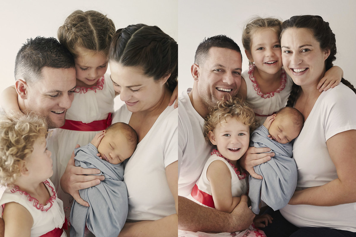 Two photos of a family of 5 cuddling and smiling