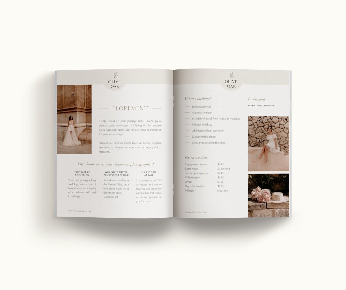 Elegant pricing guide template for photographers Olive Oak 8