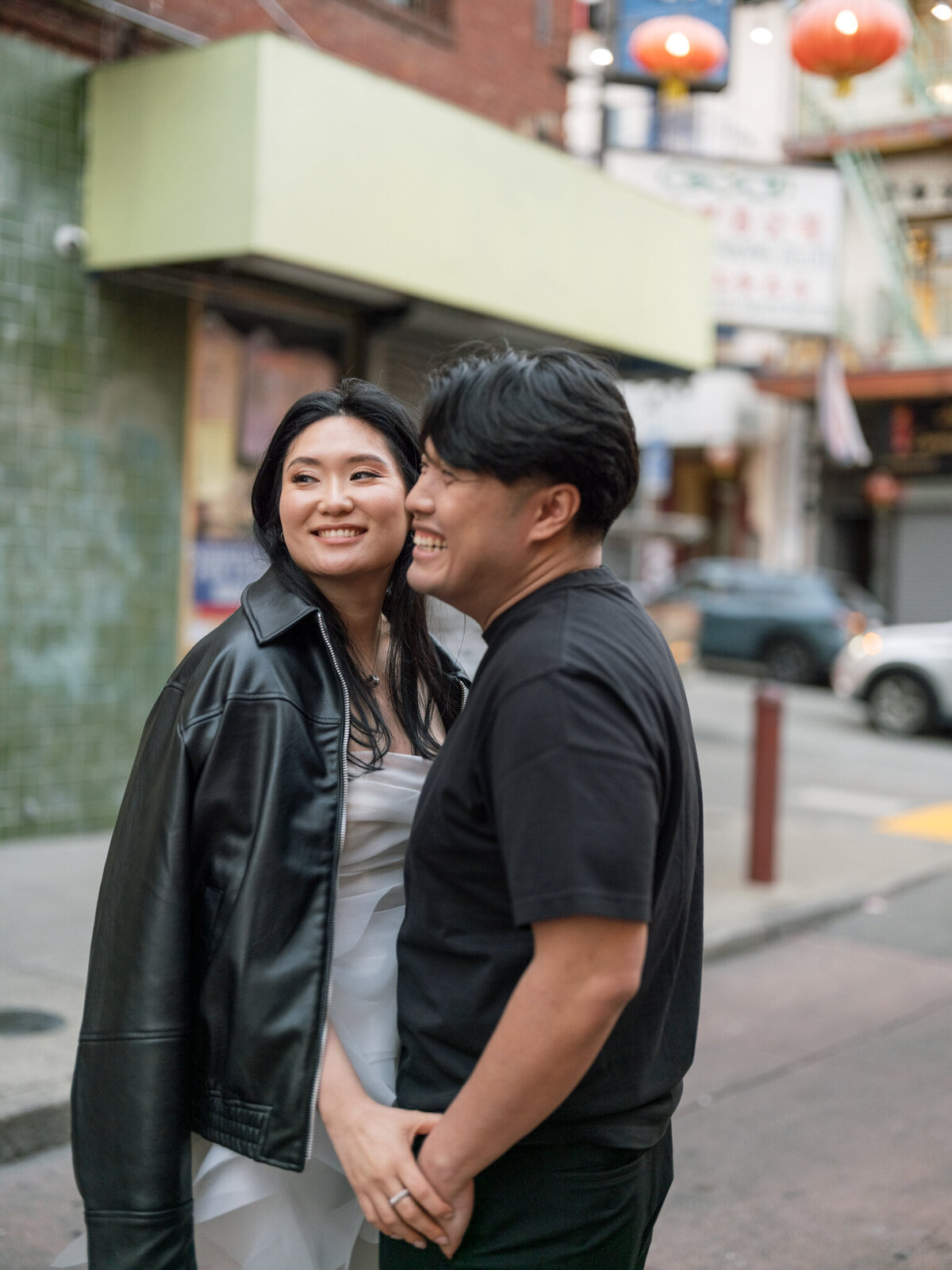 Intimate engagement photos Chinatown alley San Francisco Bay Area photographer