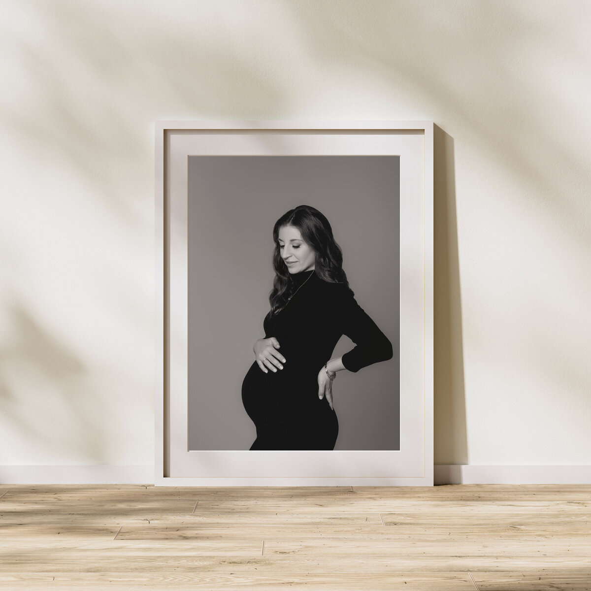 Posh Charlotte NC maternity mockup featuring framed black and white pregnancy portrait by Insley Photography Studio