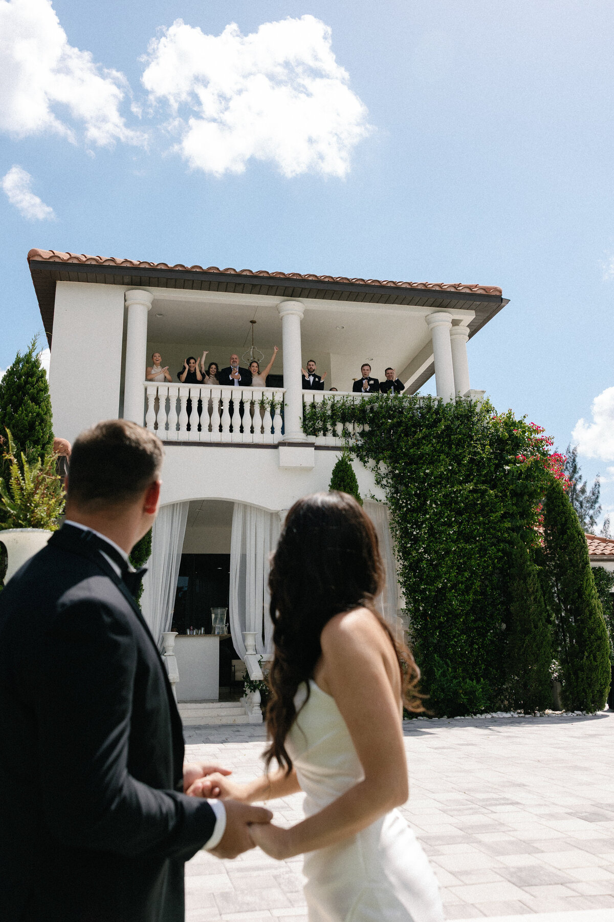 Emotional first look moment between bride and groom at La Casa Toscana