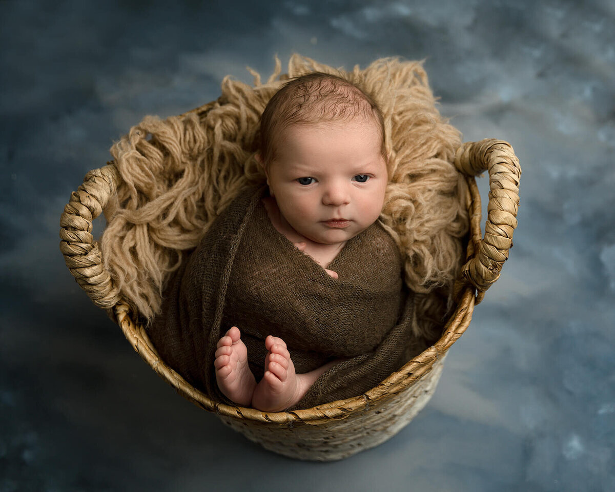 Newborn boy wide awake wrapped in brown wrap laying in basket filled with a tan rug.