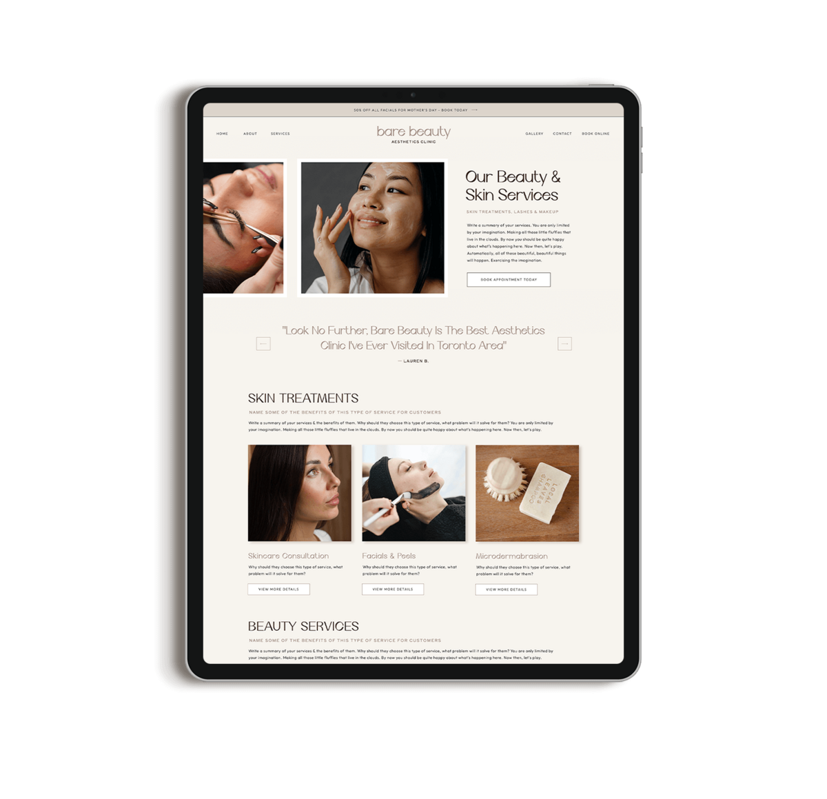 Bare Beauty Showit Website Template for Estheticians Tablet Mockup Graphic