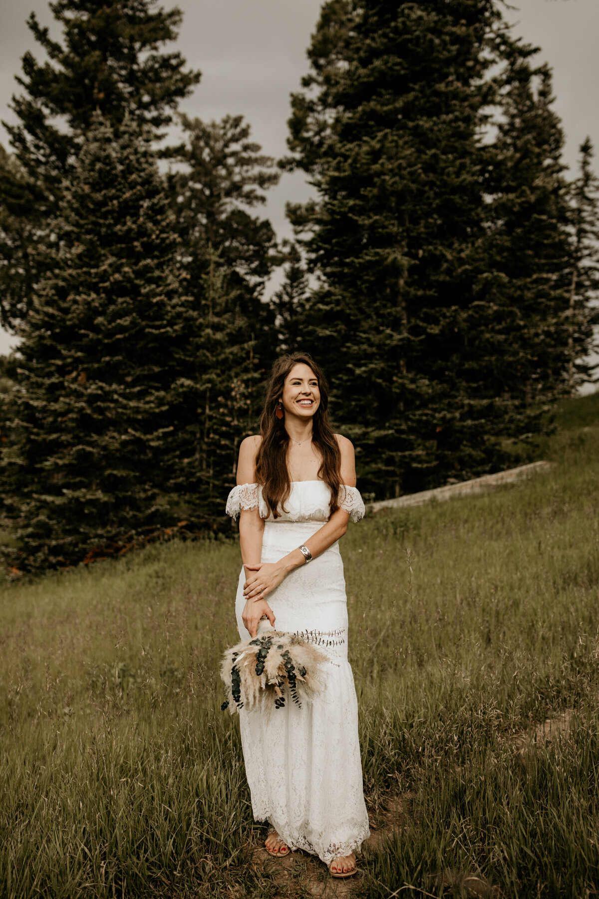bride wearing an off the shoulder wedding dress in New Mexico