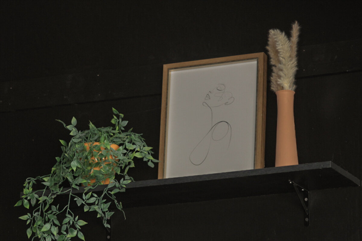 A shelf with a picture frame and two plants